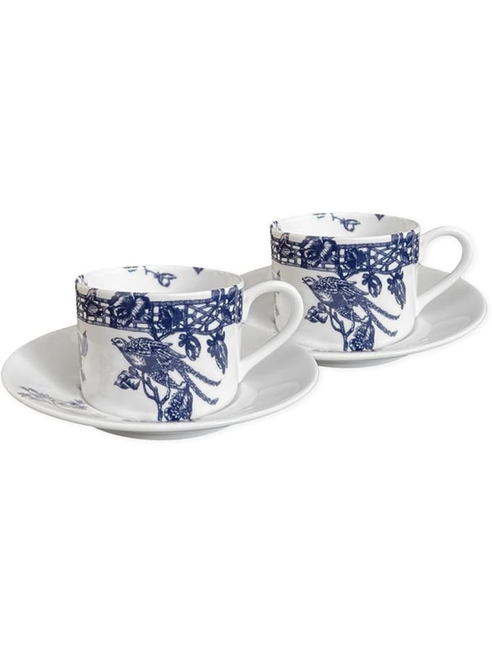 New Caskata Chinoiserie Toile Cups & Saucers Set of 2 Bone China Blue 6oz Teacup